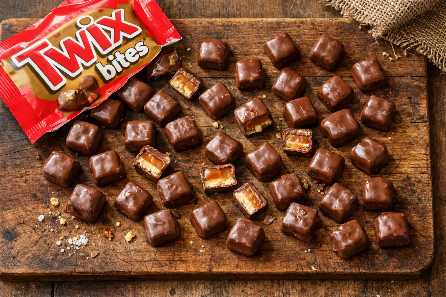 Frische Twix Bits auf rustikalem Holztisch - 140 Kalorien pro 30 g Portion