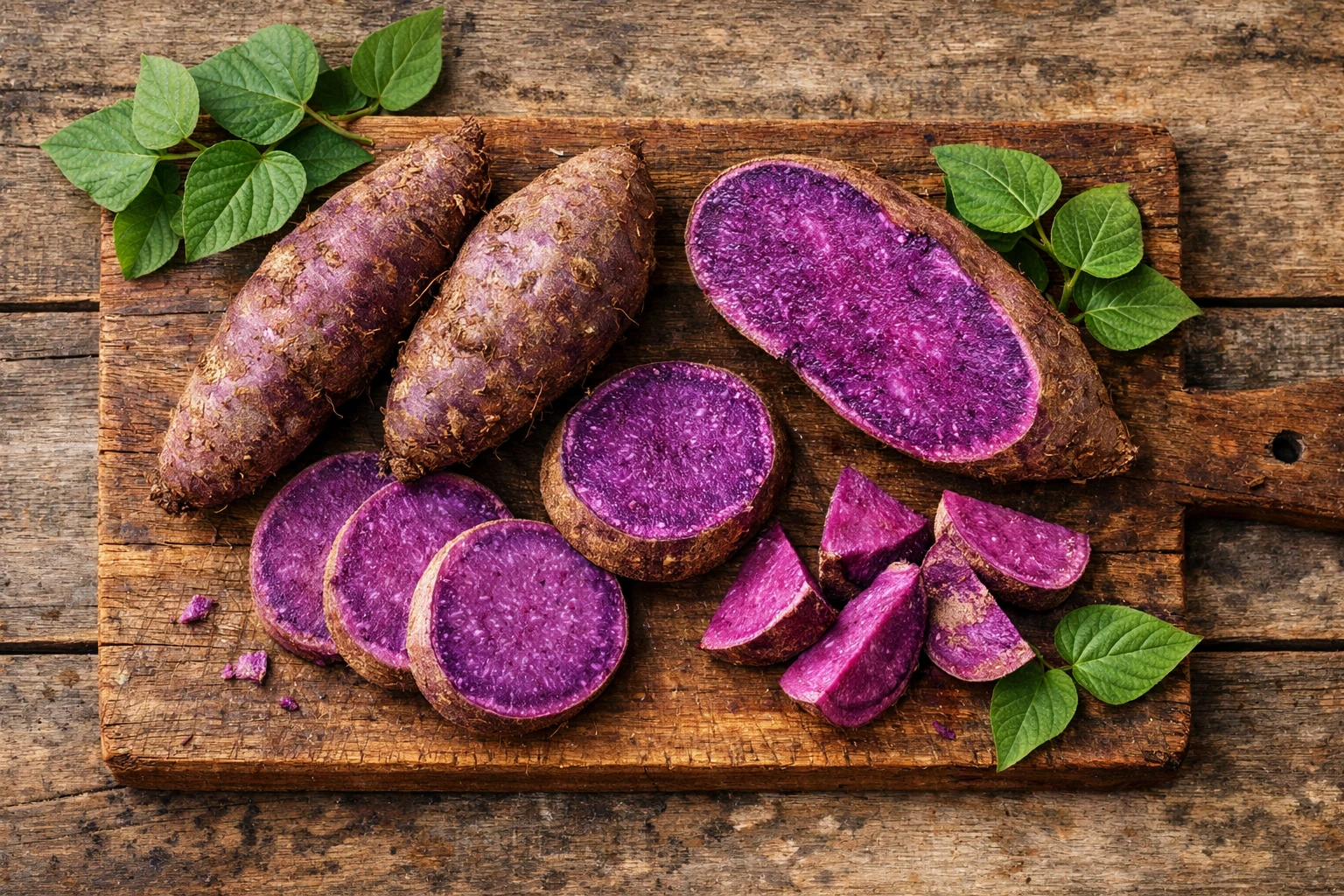 Fresh ube purple yam on wooden board with green leaves - 118 calories per 100g