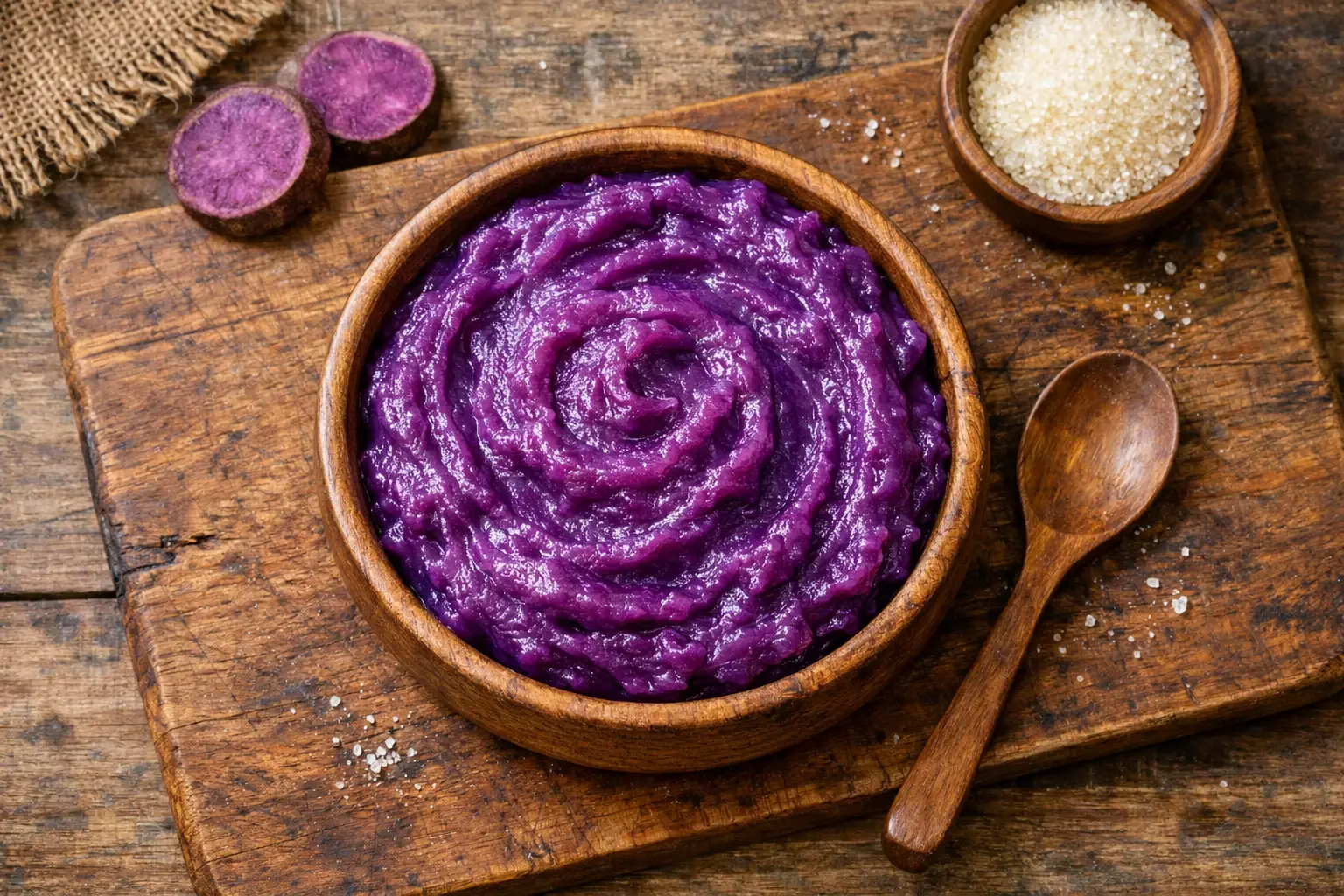 Fresh ube halaya purple yam jam on rustic wooden table - 180 calories per 60g serving