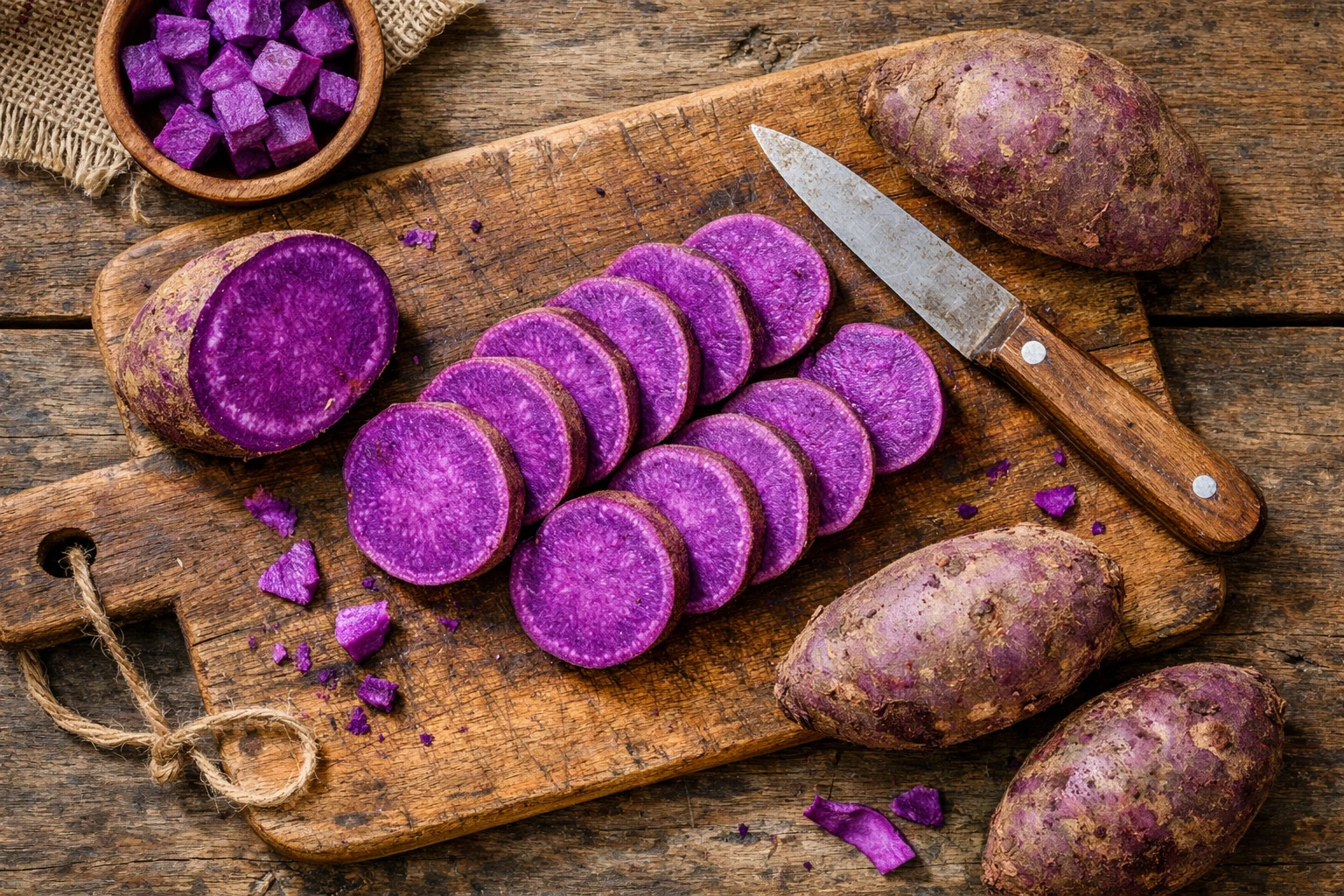 Igname violette ube fraîche tranchée sur table en bois rustique - 120 calories pour 100g