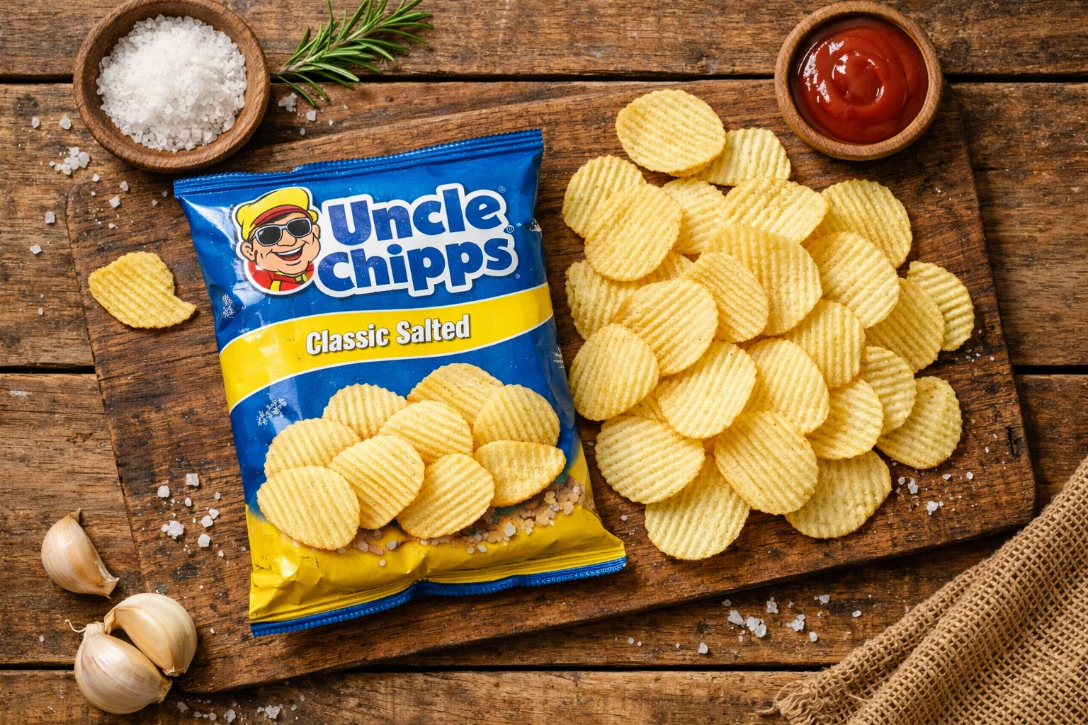 Uncle Chips Classic Salted मोटे कटे आलू के चिप्स - 30g सर्विंग में 153 कैलोरी