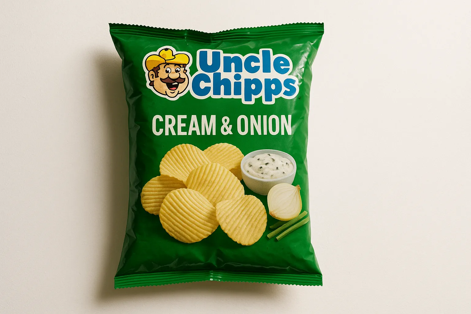 Uncle Chips Cream & Onion packet on white background - 545 calories per 100g