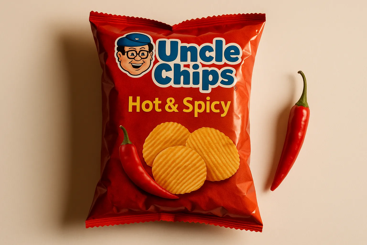 Uncle Chips Hot & Spicy packet with red chilli on white background - 536 calories per 100g