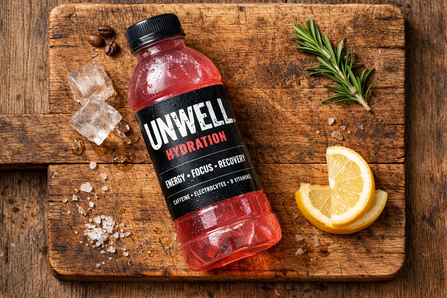 लकड़ी की मेज पर ताज़ी Unwell Hydration energy drink की बोतल - प्रति बोतल 60 कैलोरी