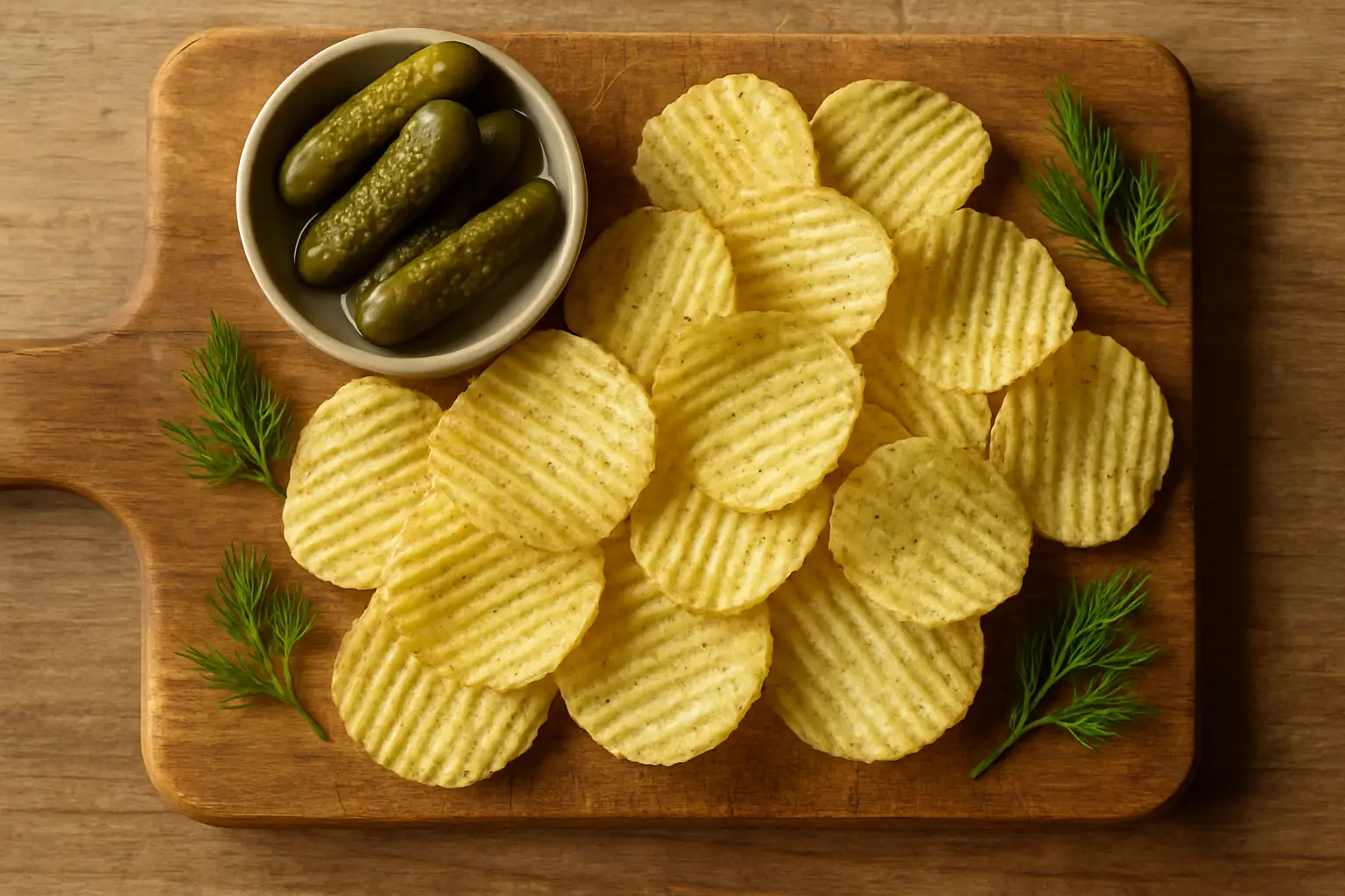 Overhead view of Utz x Grillo's Classic Dill Pickle Potato Chips scattered on a wooden board with a small dish of dill pickles