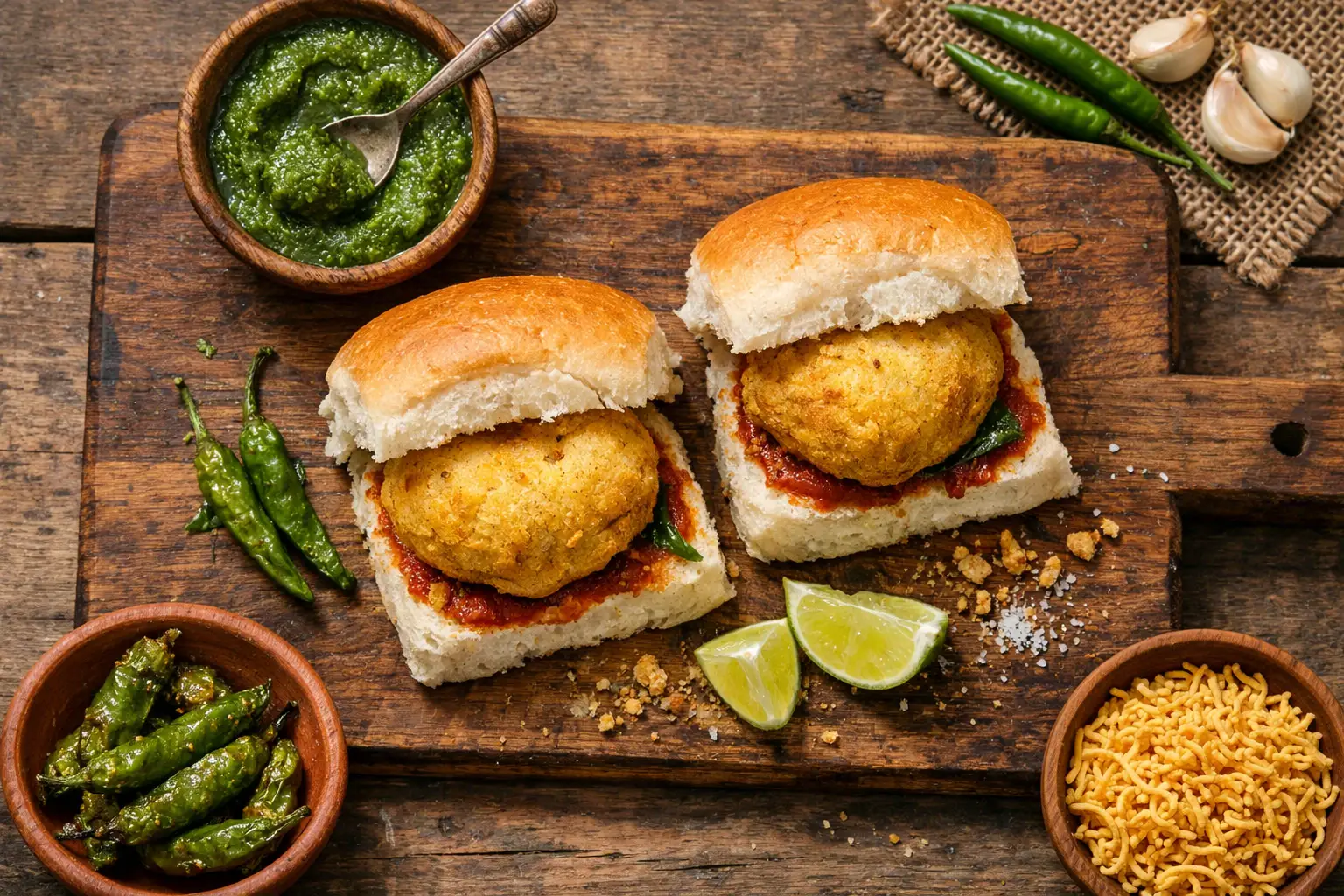 Fresh vada pav on rustic wooden table - 290 calories per serving