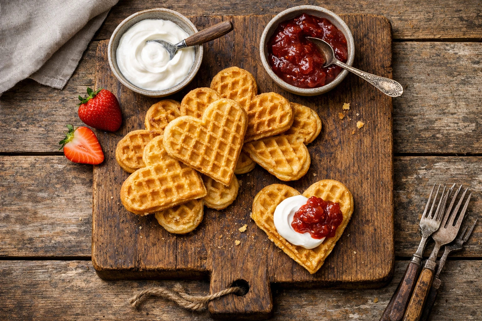 ताजा वाफ्लर नॉर्वेजियन वैफल्स रस्टिक लकड़ी की टेबल पर खट्टी क्रीम और जैम के साथ - प्रति वैफल 180 कैलोरी