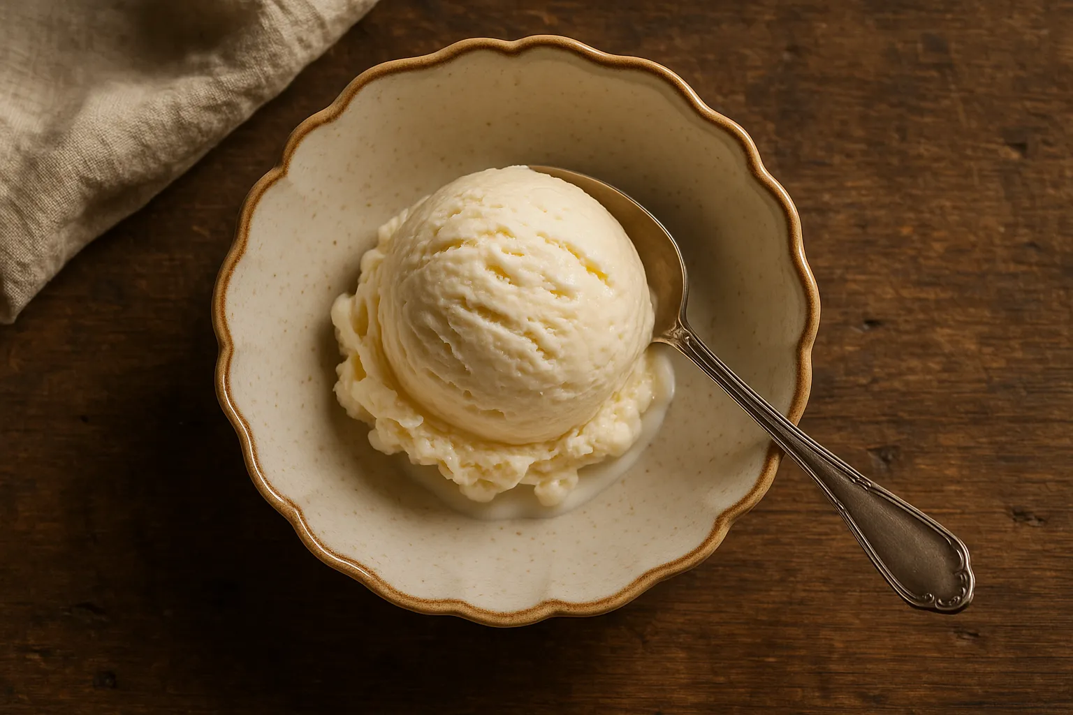 Fresh vanilla ice cream on rustic wooden table - 207 calories per 100g