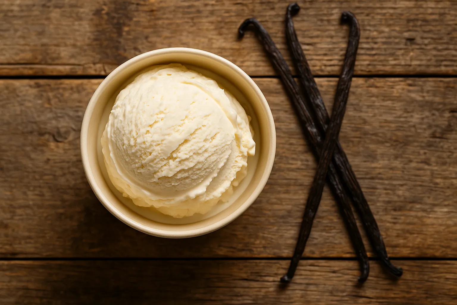 Fresh vanilla ice cream cup on rustic wooden table - 137 calories per 1/2 cup