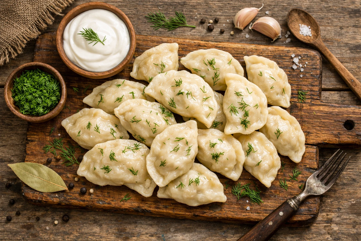 Fresh varenyky on rustic wooden table - 200 calories per 3 dumplings