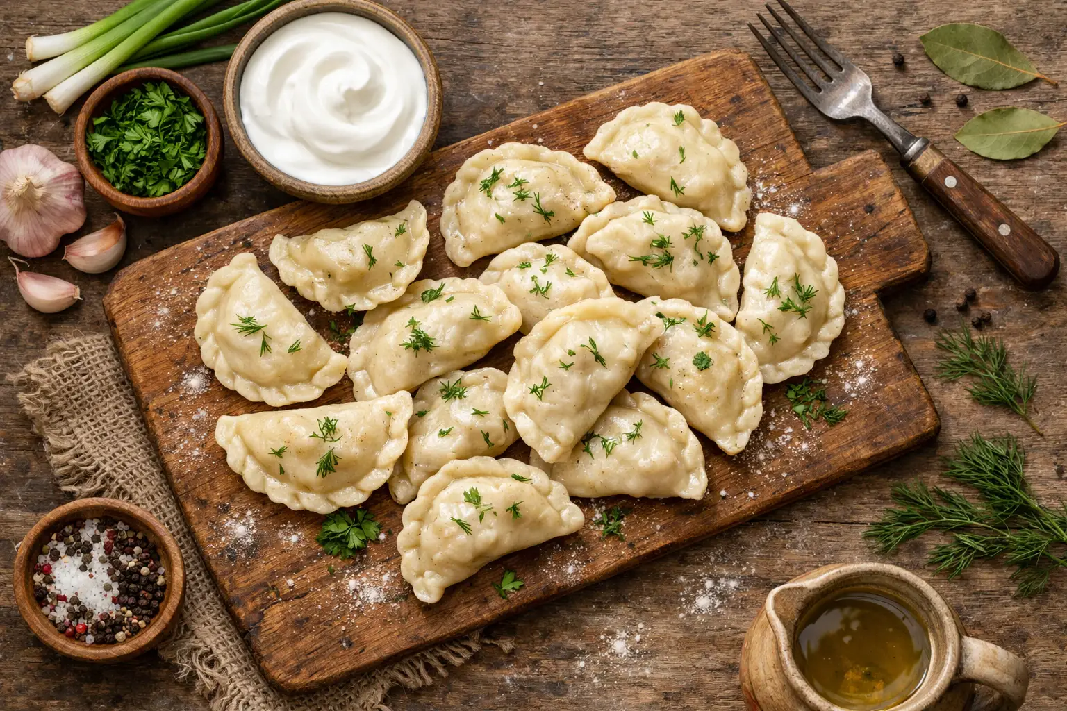 Fresh varenyky on rustic wooden table - 125 calories per 100g