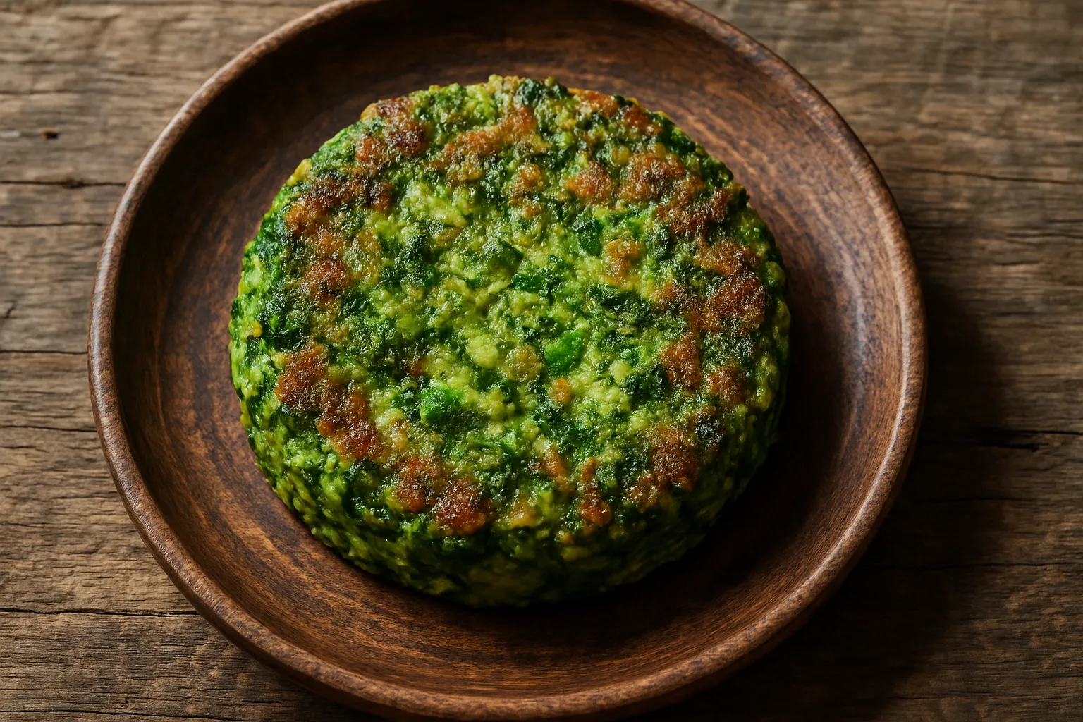 Fresh vegetable patty on rustic wooden plate - 165 calories per patty