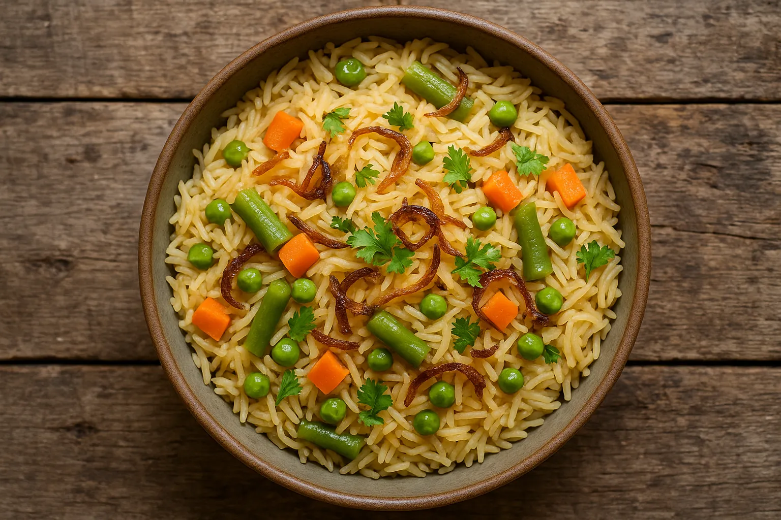 Fresh veg pulao on rustic wooden table - 125 calories per 100g