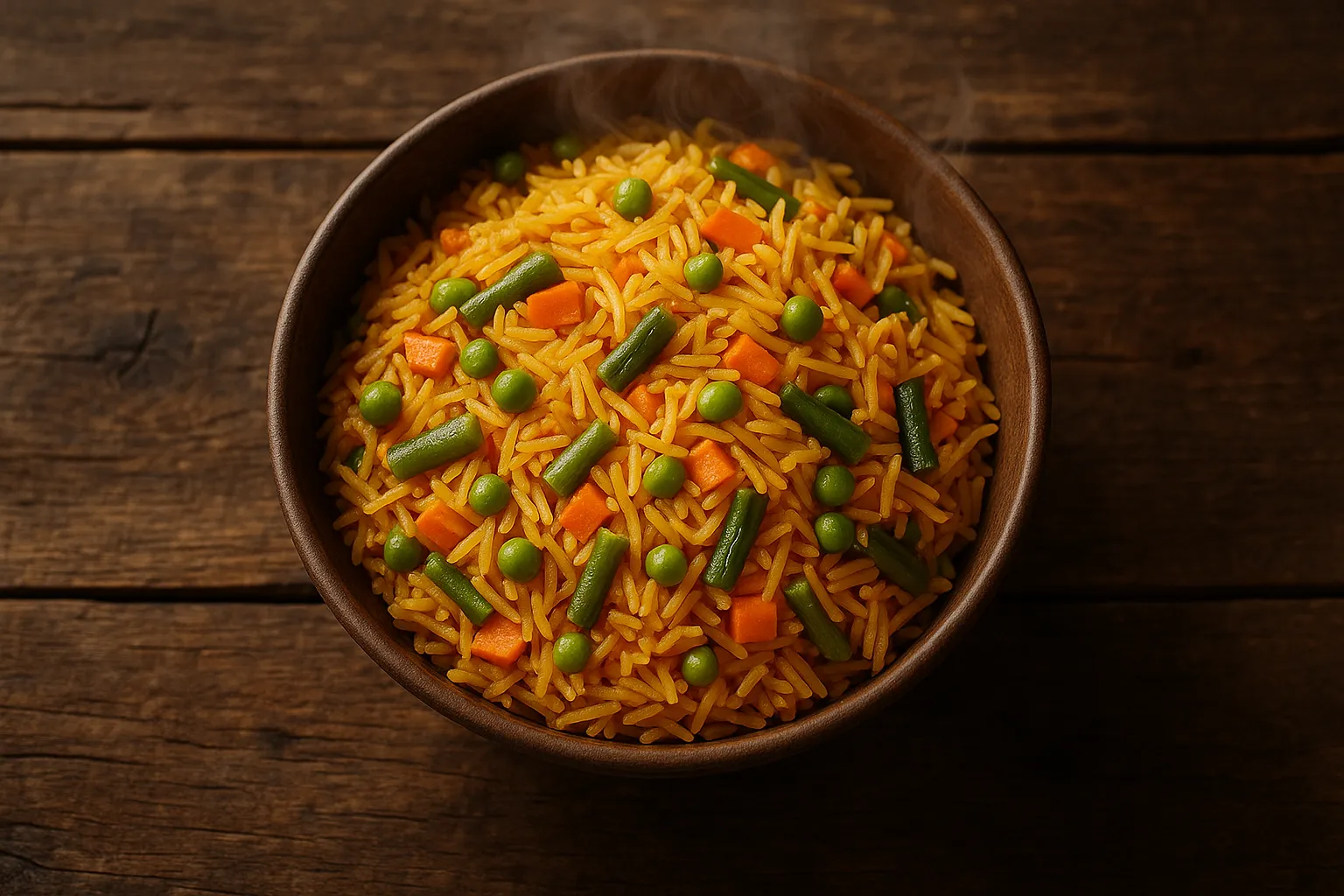 Steaming bowl of vegetable pulao with mixed veggies and saffron - 156 calories per 100g