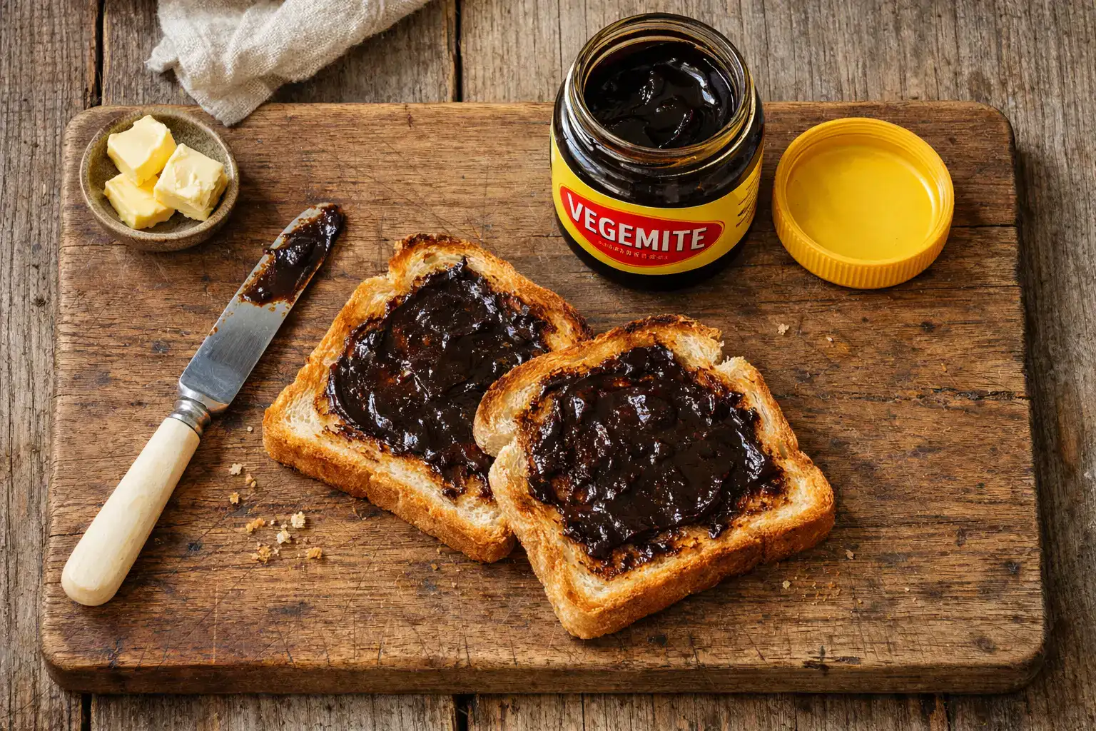 Fresh Vegemite 40% Less Salt jar with toast on rustic wooden table - 10 calories per teaspoon