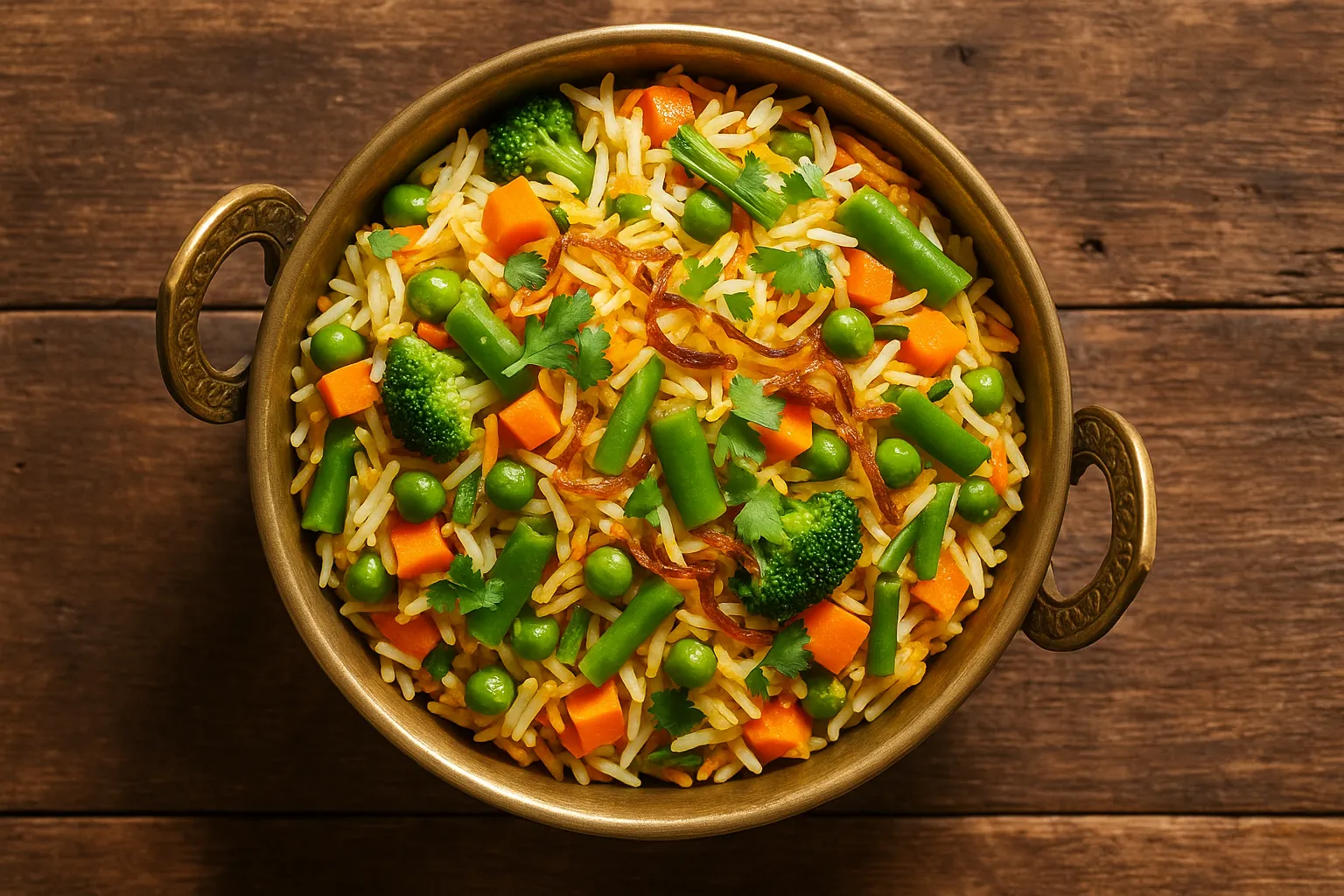 Fresh vegetable biryani on rustic wooden table - 300 calories per cup
