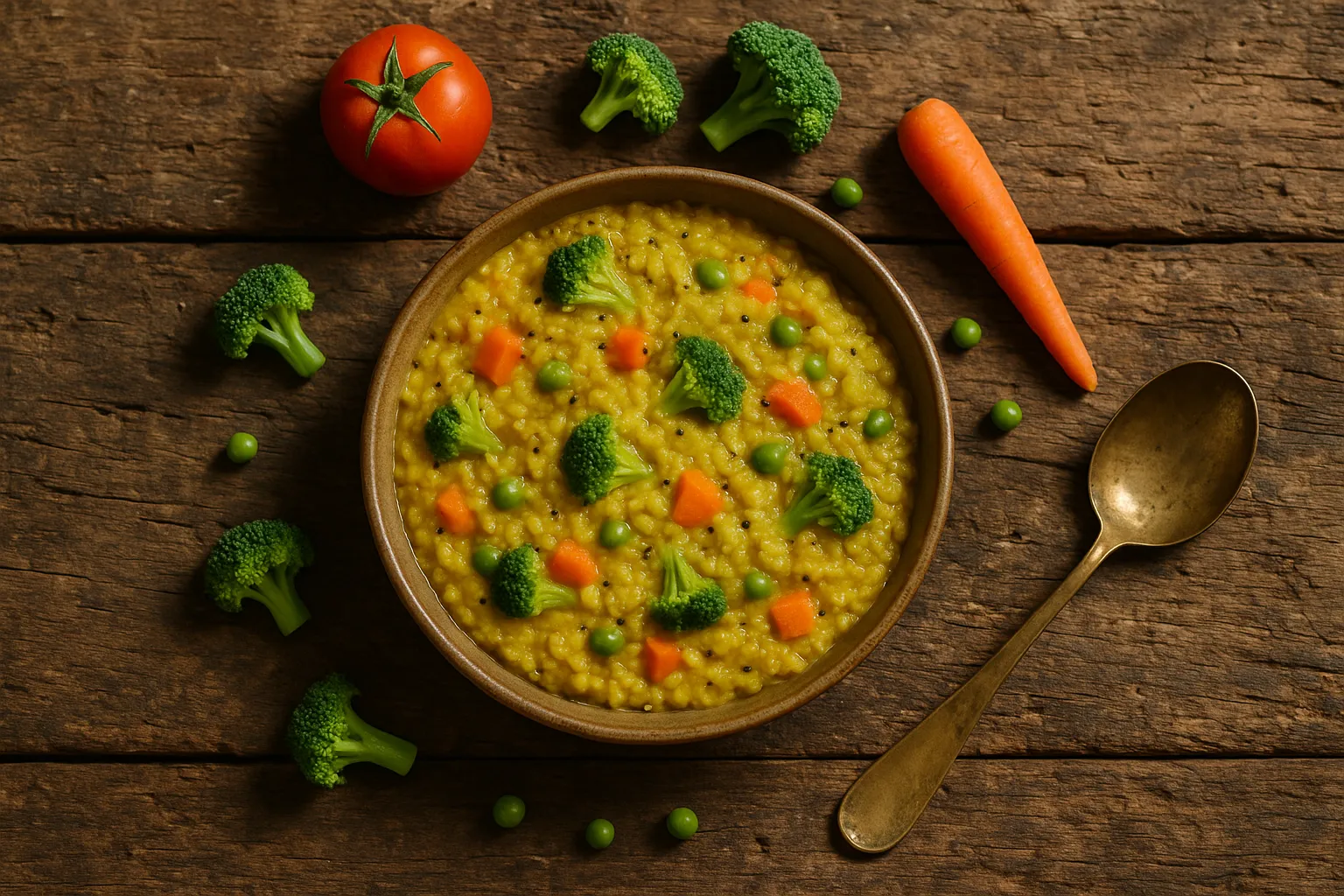 Fresh vegetable khichdi on rustic wooden table - 120 calories per 100g