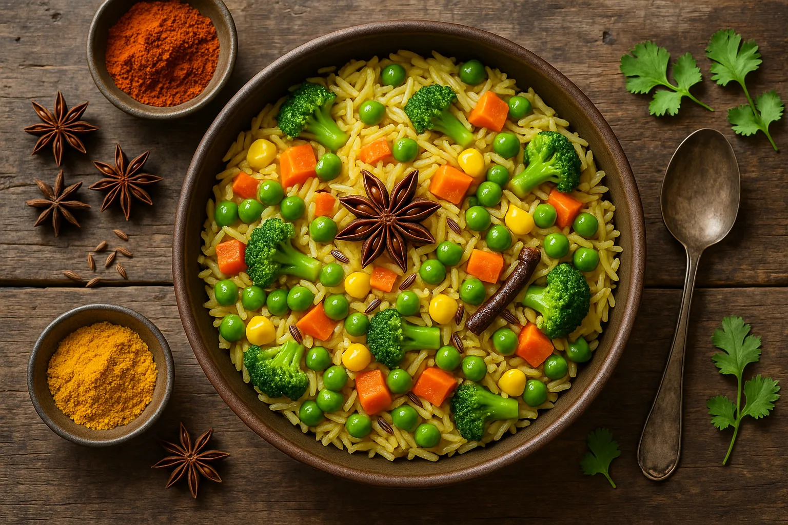 Fresh vegetable pulao on rustic wooden table - 294 calories per cup