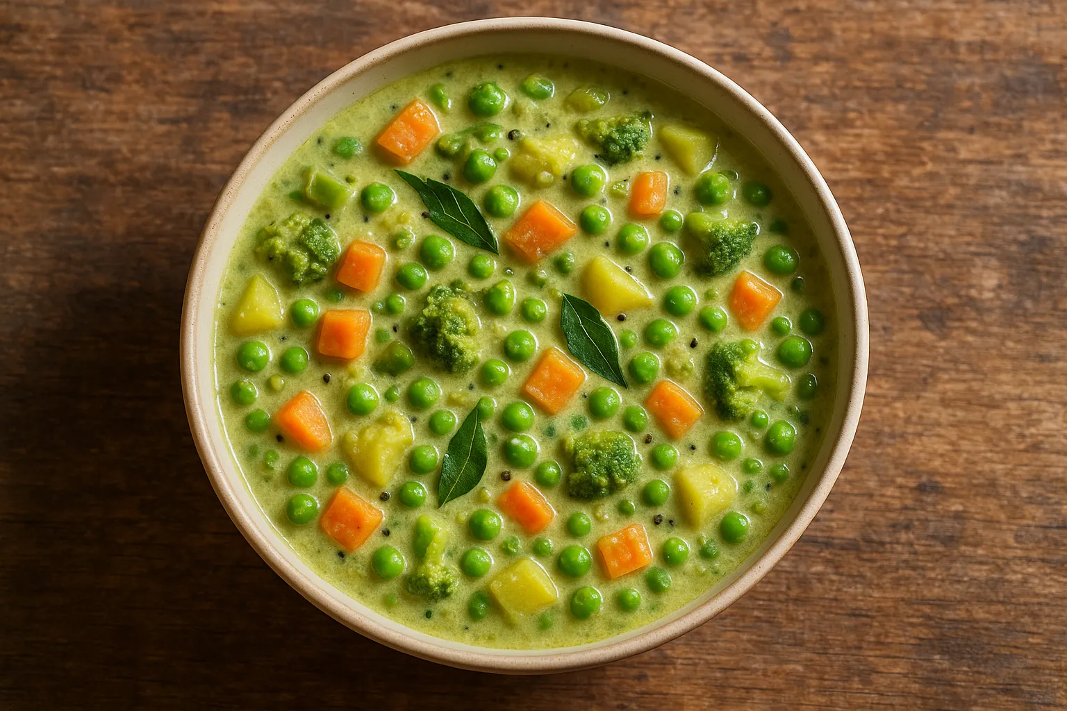 Fresh vegetable saagu on rustic wooden table - 130 calories per serving
