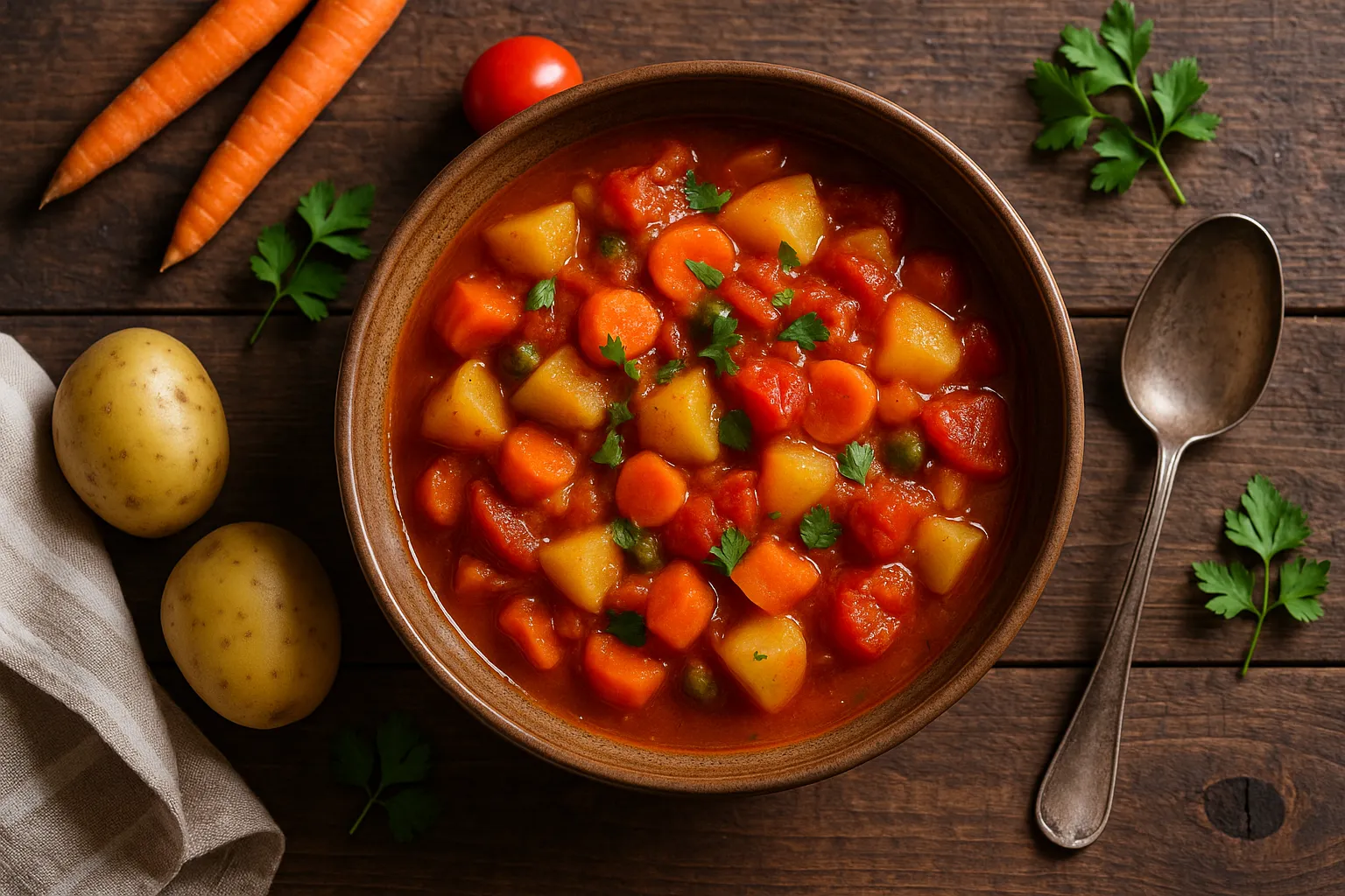 Fresh vegetable stew on rustic wooden table - 139 calories per cup