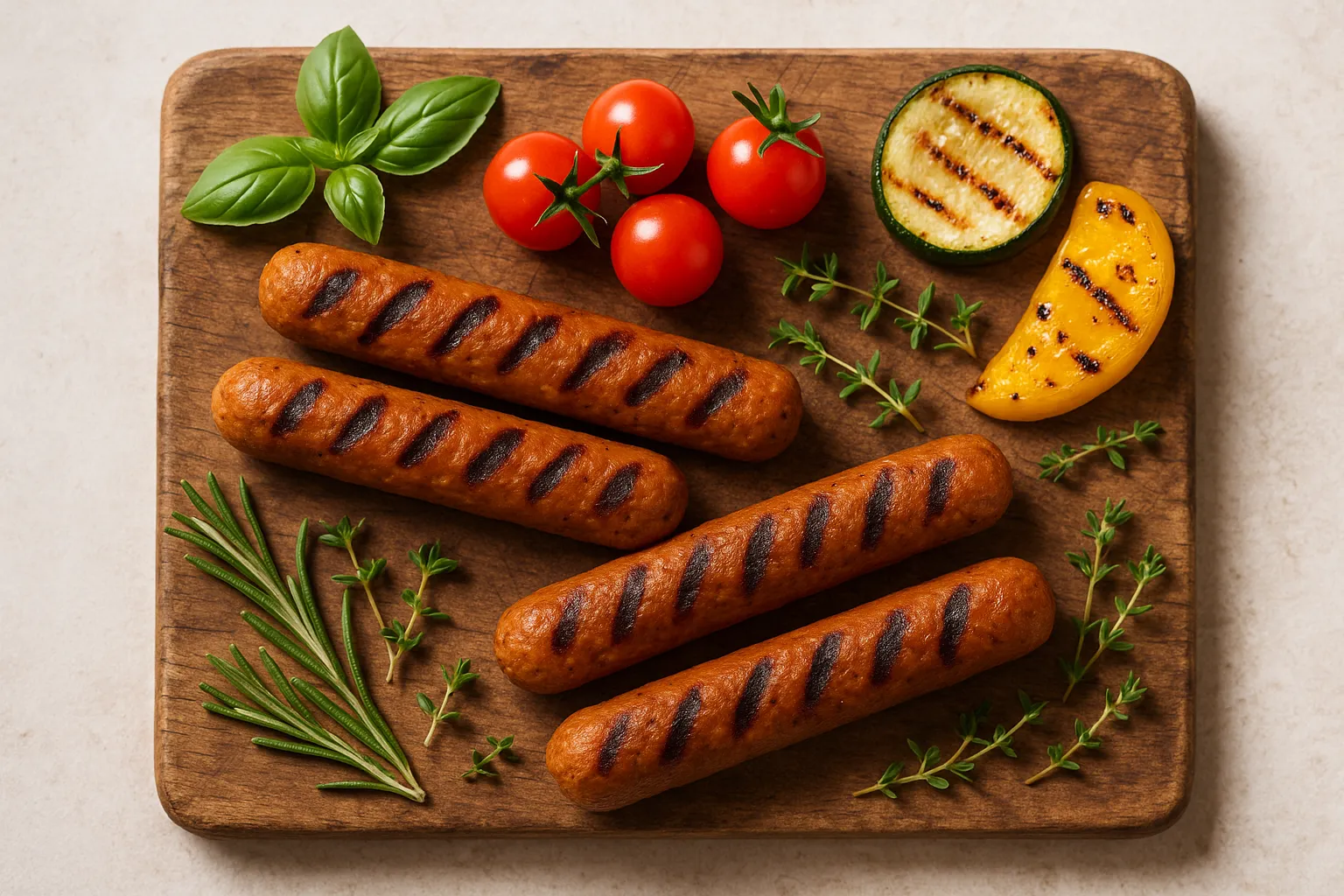 Fresh vegetarian sausages on rustic wooden table - 196 calories per 100g