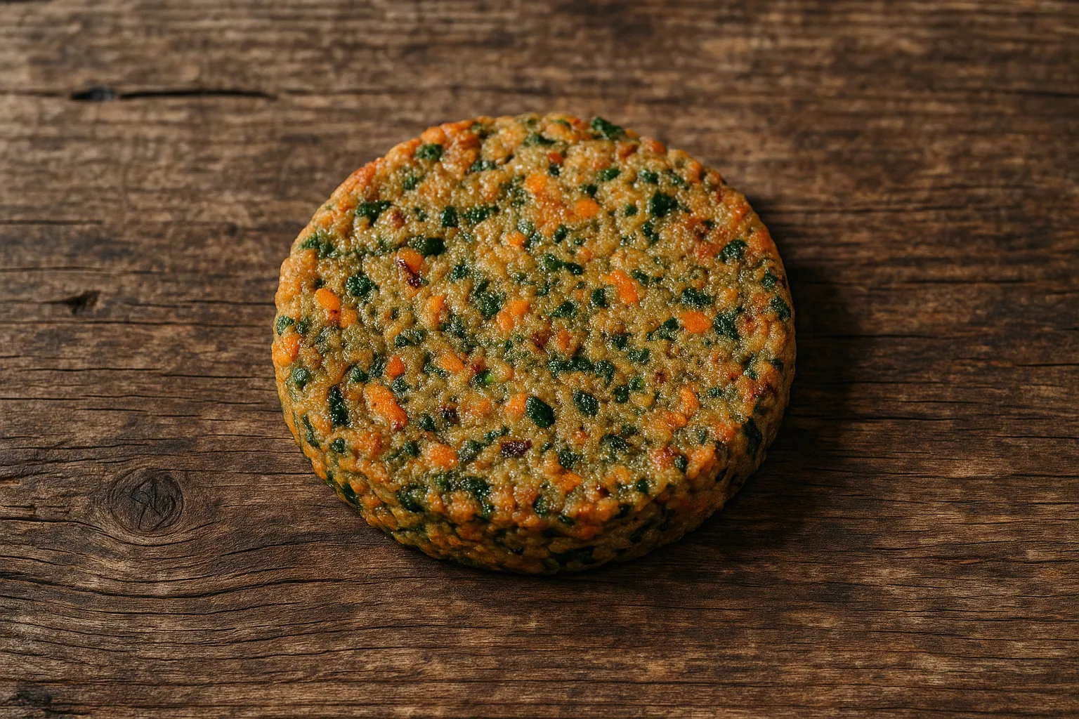 Fresh veggie patty on rustic wooden table - 175 calories per patty