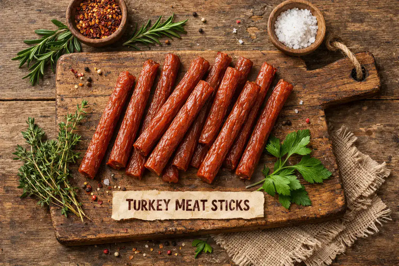 Fresh turkey meat sticks on rustic wooden table - 70 calories per stick