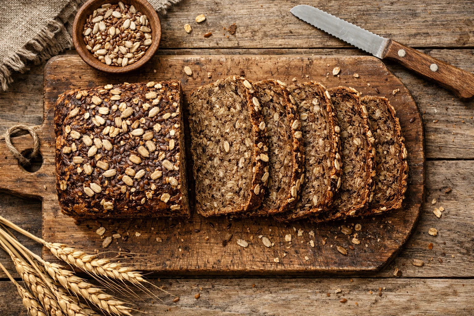 Pain complet allemand Vollkornbrot frais sur une table en bois - 200 calories pour 100g