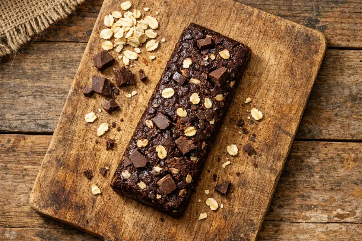 Vybey Chocolate Brownie Protein Bar sobre mesa de madera rústica - 300 calorías por barra de 80 g