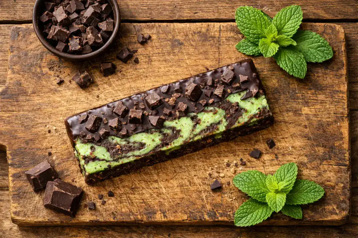 Vybey Mint Chocolate Protein Bar on rustic wooden table - 350 calories per 80g bar