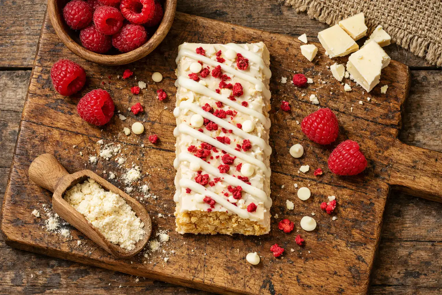 Vybey Raspberry White Chocolate Protein Bar on rustic wooden table - 300 calories per 80g bar