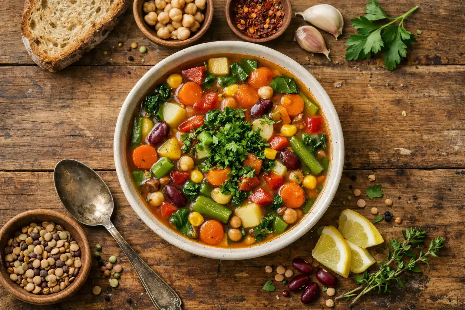 Fresh plant-based vegetable soup on rustic wooden table - 120 calories per serving