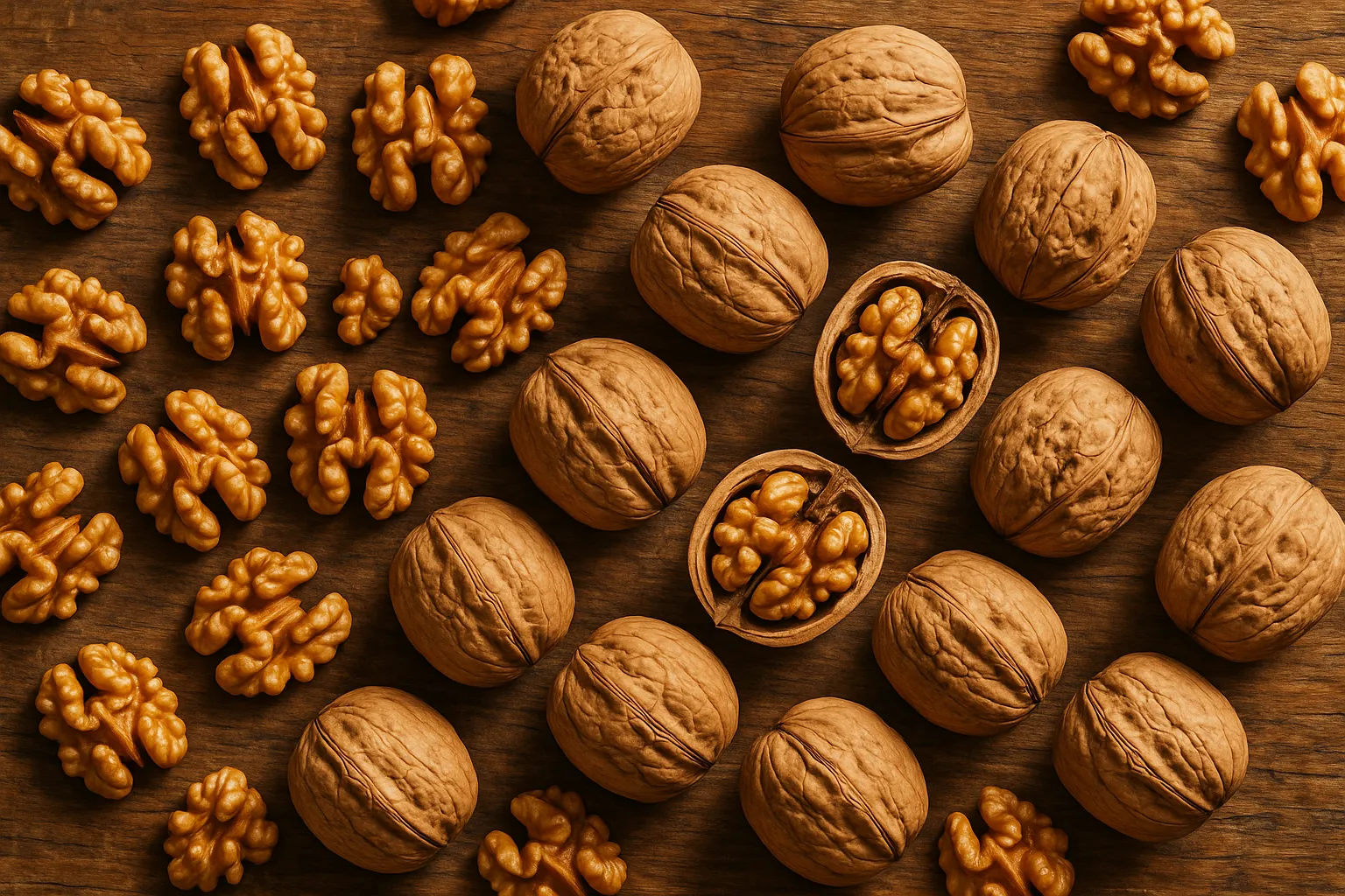 Fresh walnuts on rustic wooden table - 185 calories per oz (14 halves)