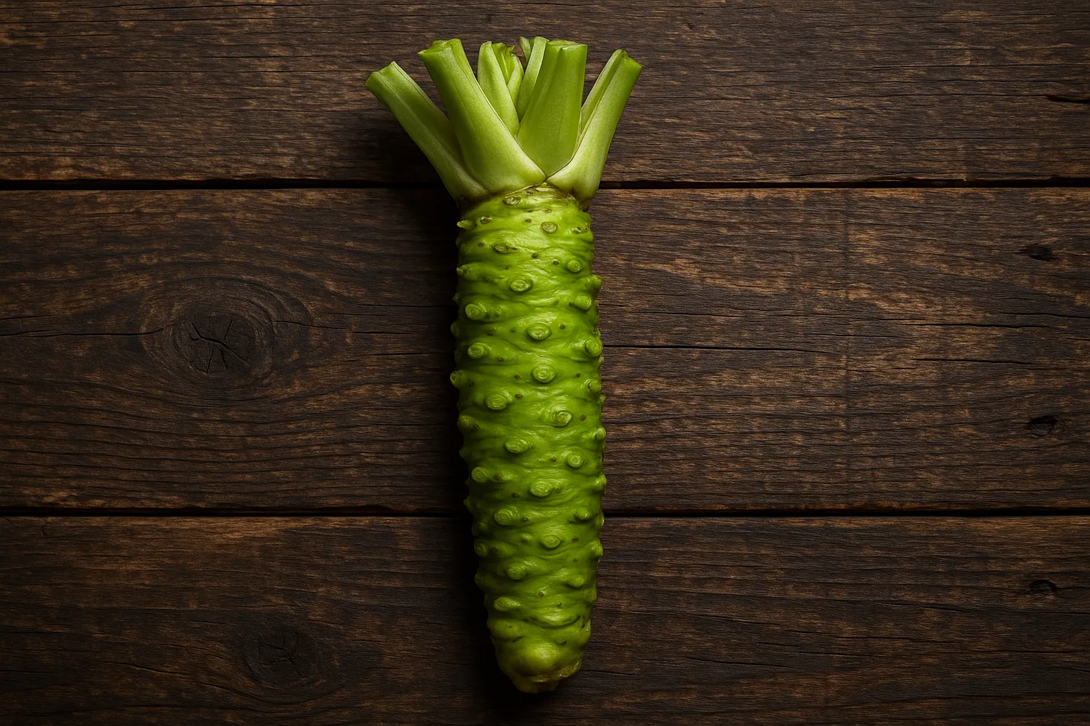 Fresh wasabi root on rustic wooden table - 109 calories per tablespoon