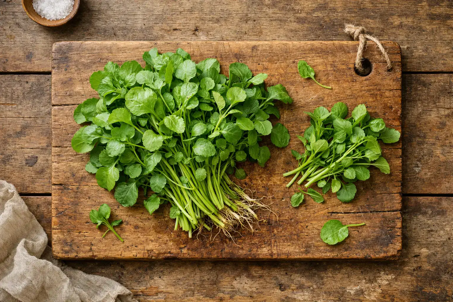 Frische Brunnenkresse auf rustikalem Holztisch - 11 Kalorien pro 100 g