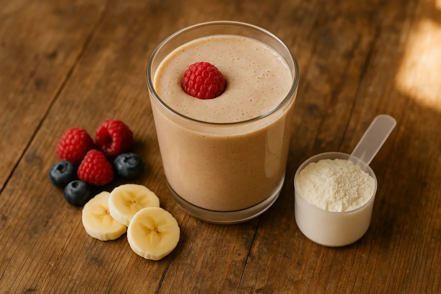 Fresh whey protein smoothie on rustic wooden table - 220 calories per serving