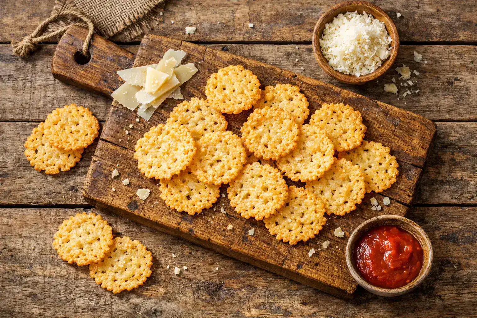 Baked parmesan cheese crisps on rustic wooden board - 150 calories per 28g serving