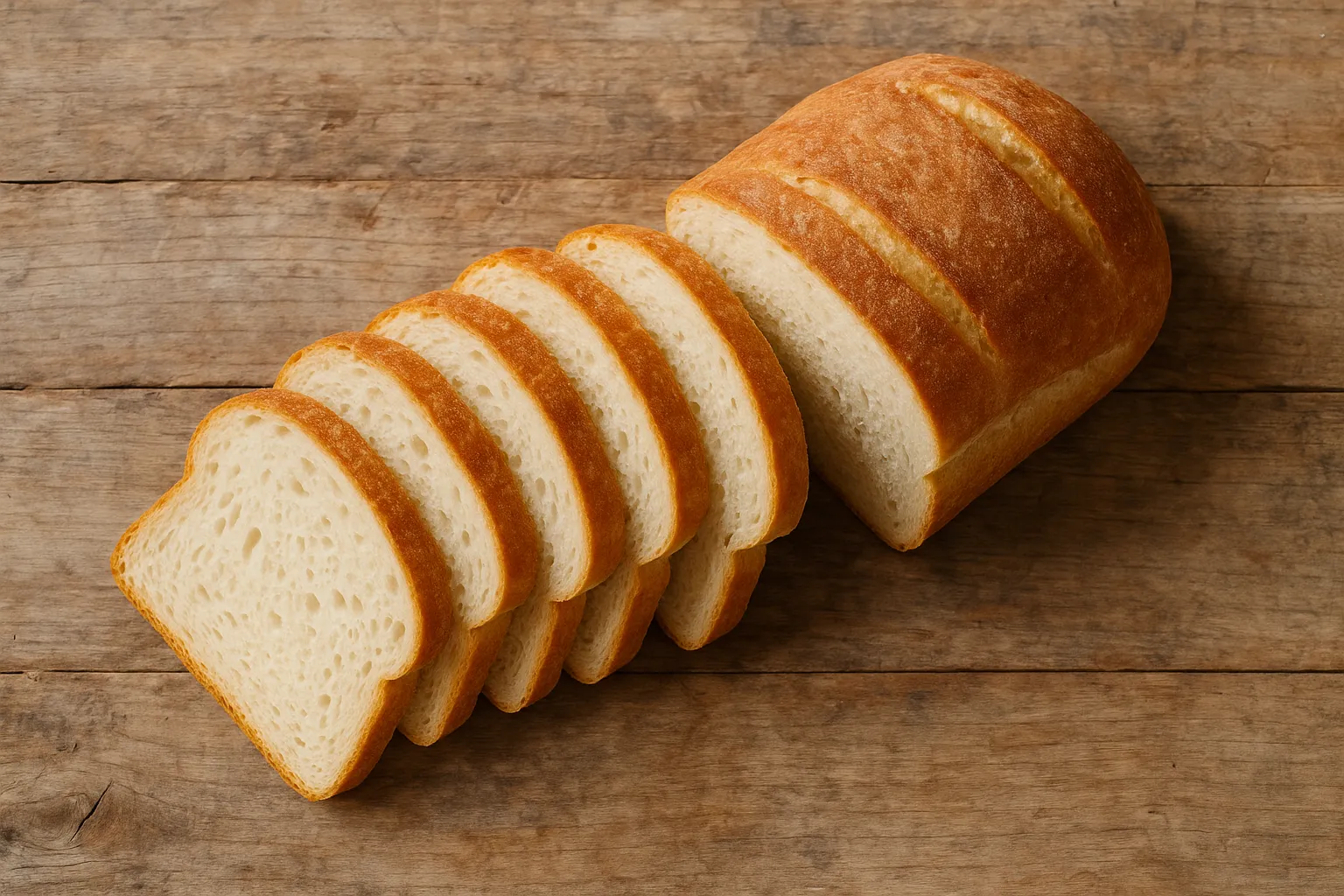 Fresh white bread on rustic wooden table - 75 calories per slice