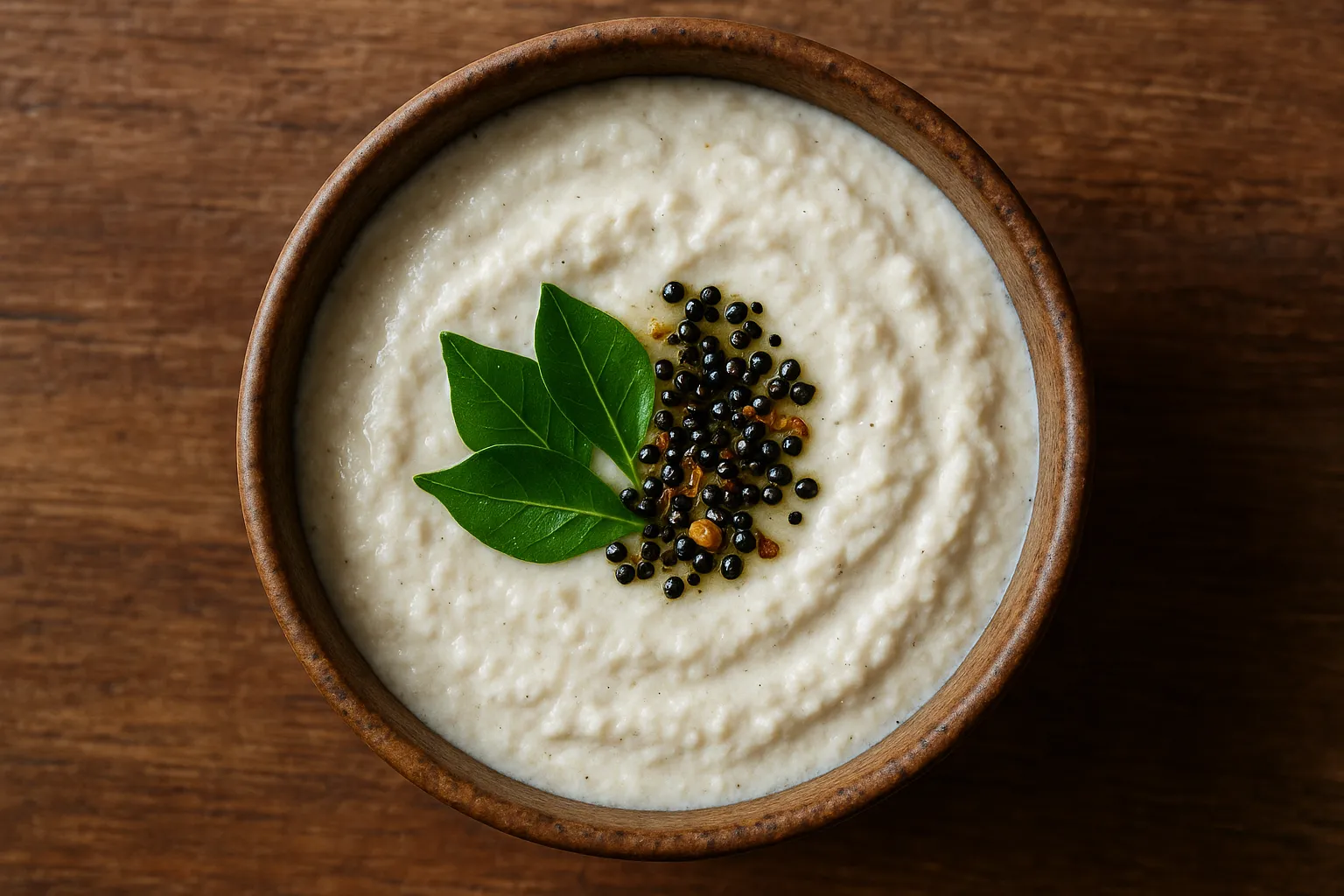 Fresh white chutney on rustic wooden table - 35 calories per 2 tbsp