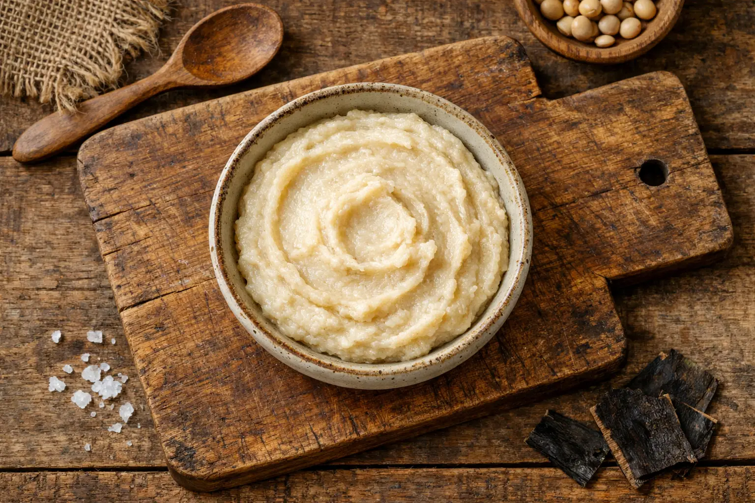 Fresh white miso paste on rustic wooden table - 34 calories per tablespoon