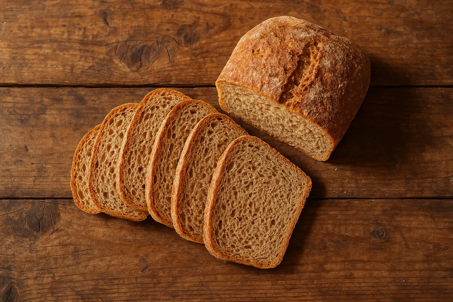 Fresh whole wheat bread on rustic wooden table - 69 calories per slice