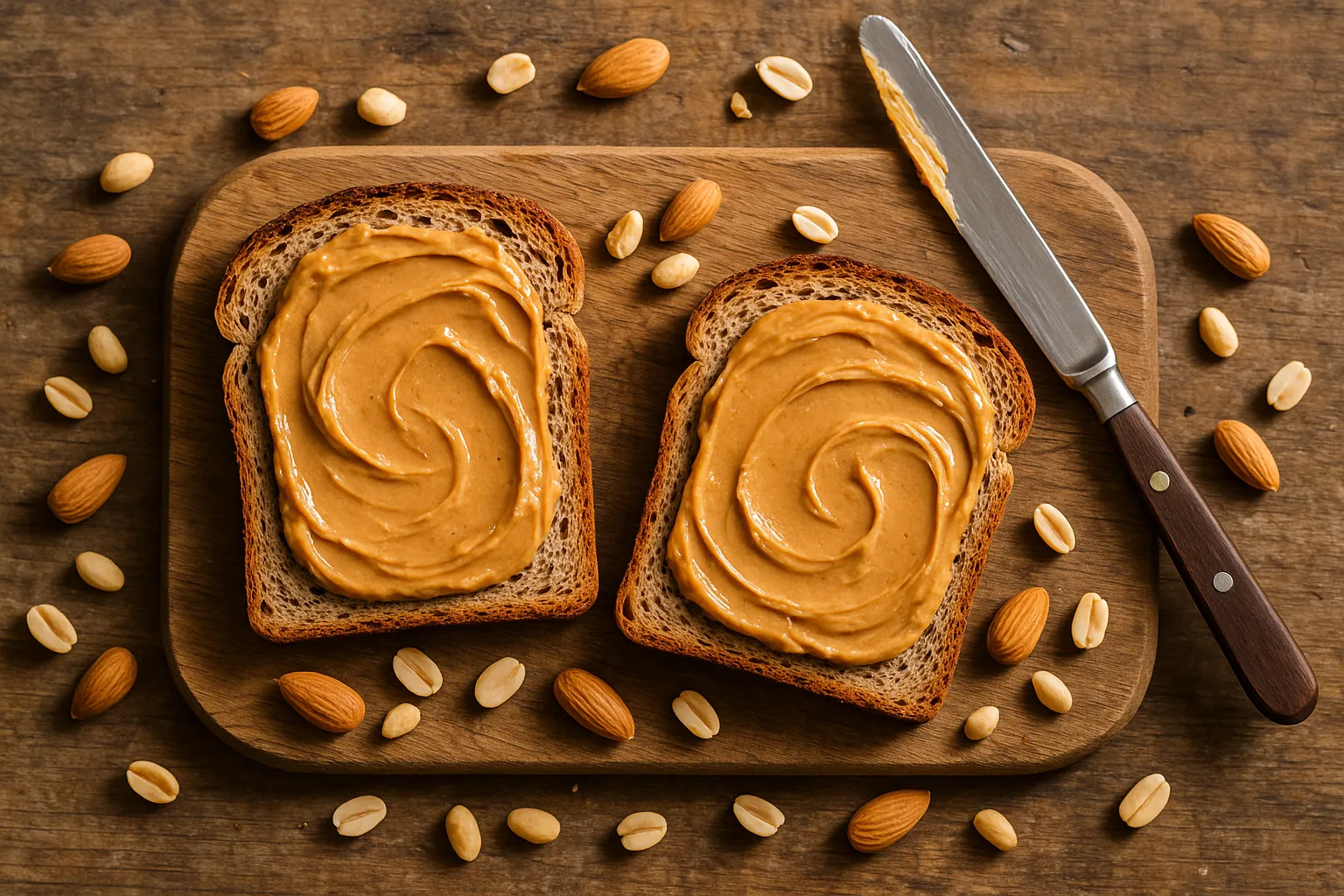 Fresh whole wheat bread with nut butter on rustic wooden table - 350 calories per serving