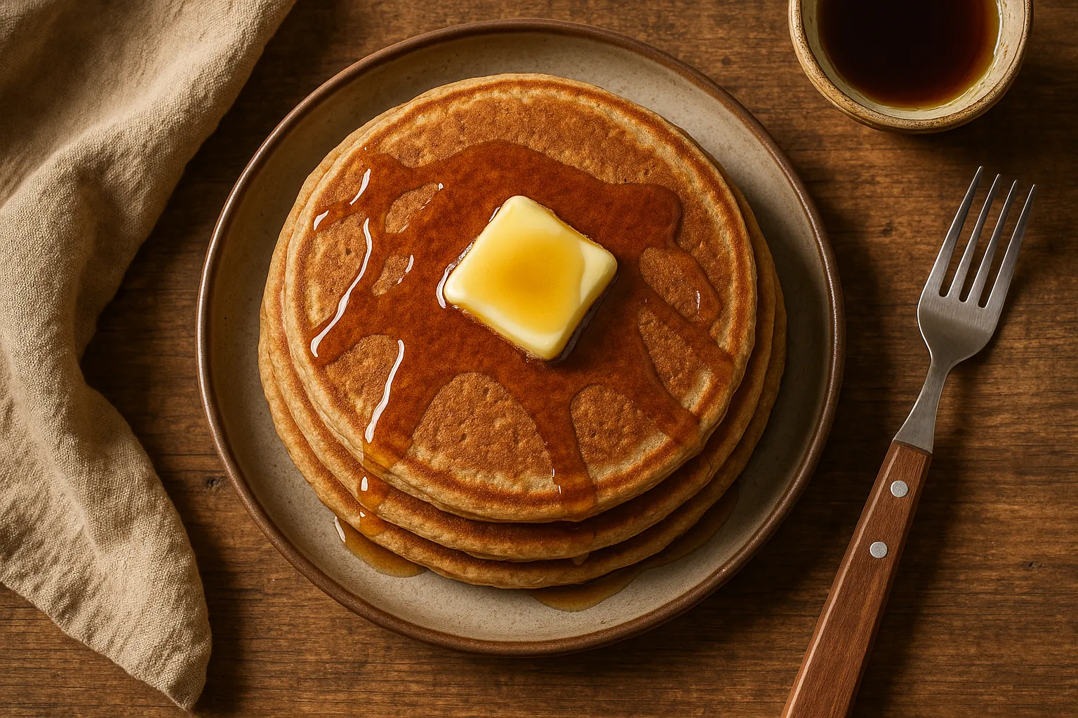 Fresh whole wheat pancakes on rustic wooden table - 160 calories per 2 pancakes