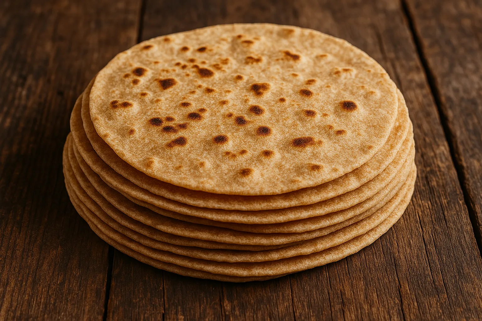 Fresh whole wheat roti on rustic wooden table - 120 calories per medium roti