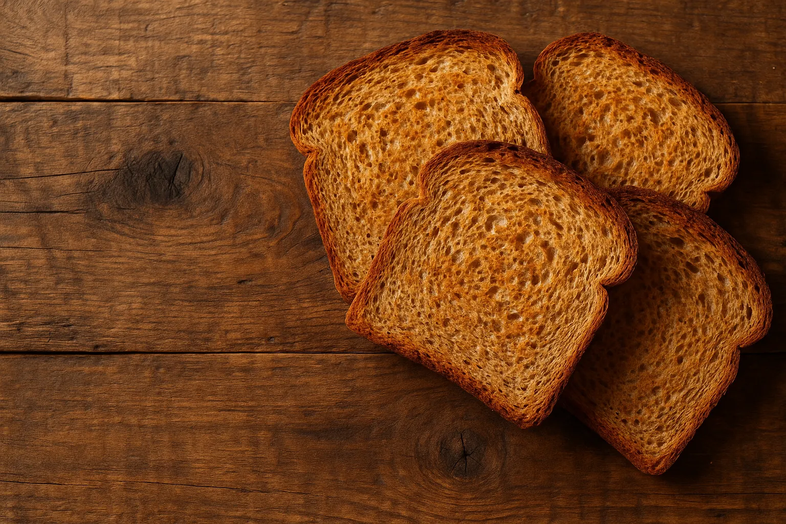 Fresh whole wheat toast on rustic wooden table - 79 calories per slice