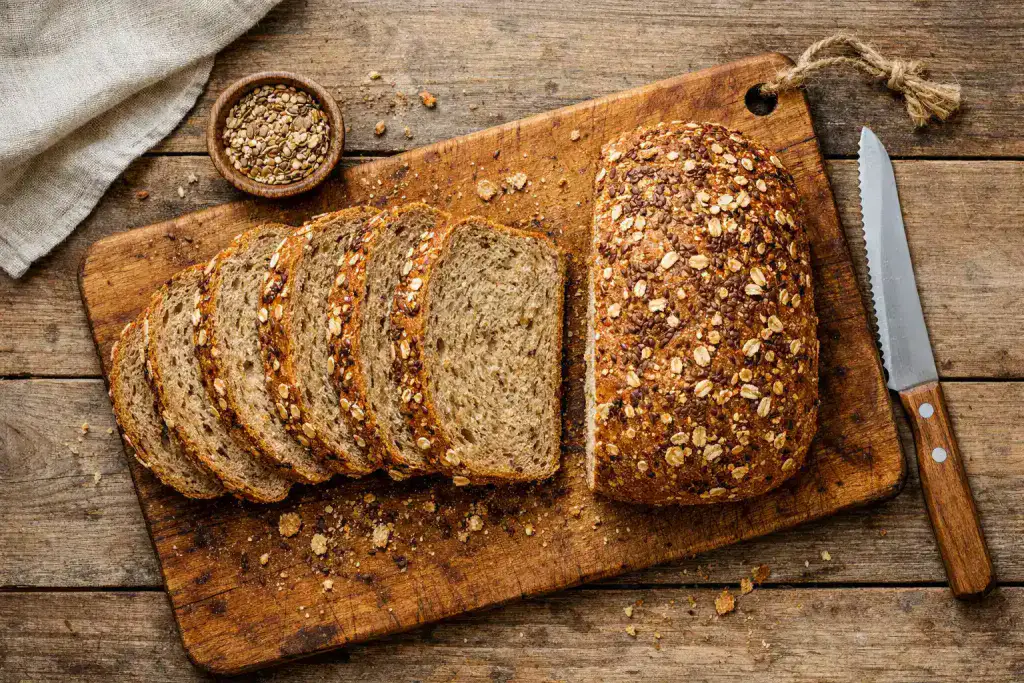 Pan integral fresco sobre mesa de madera rústica - 91 calorías por rebanada