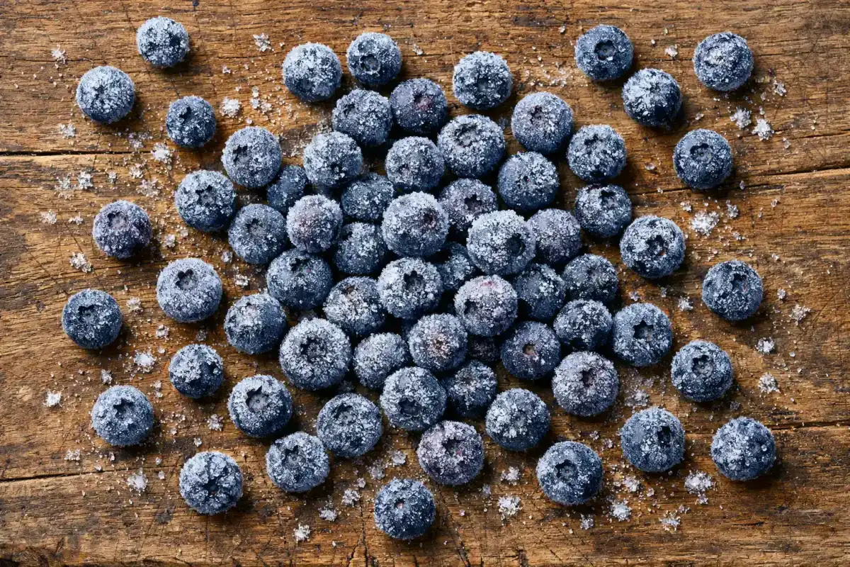 Myrtilles sauvages surgelées sur une table en bois rustique - 80 calories par tasse