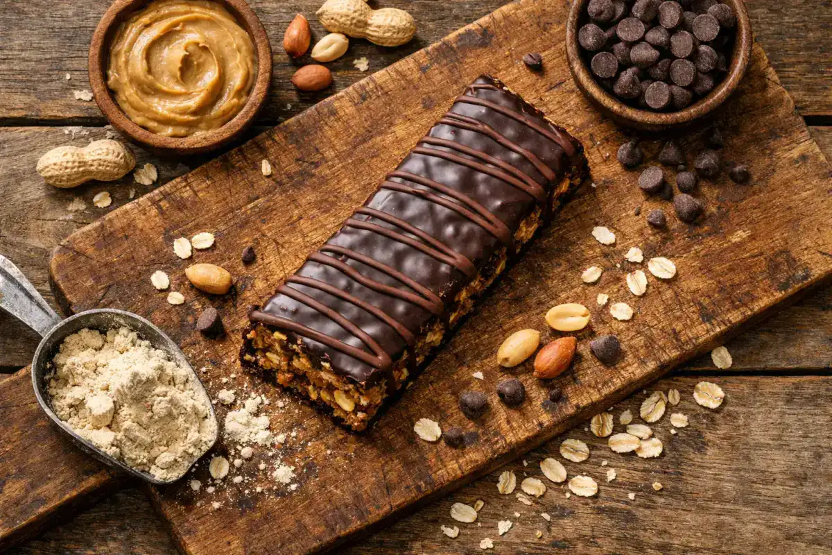 Wild Fox Protein Bar Chocolate Peanut Butter auf rustikalem Holztisch - 200 Kalorien pro Riegel