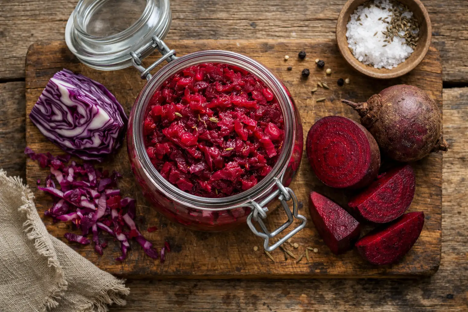 Chucrut de remolacha roja fresca sobre mesa de madera rústica: 10 calorías por 2 cucharadas