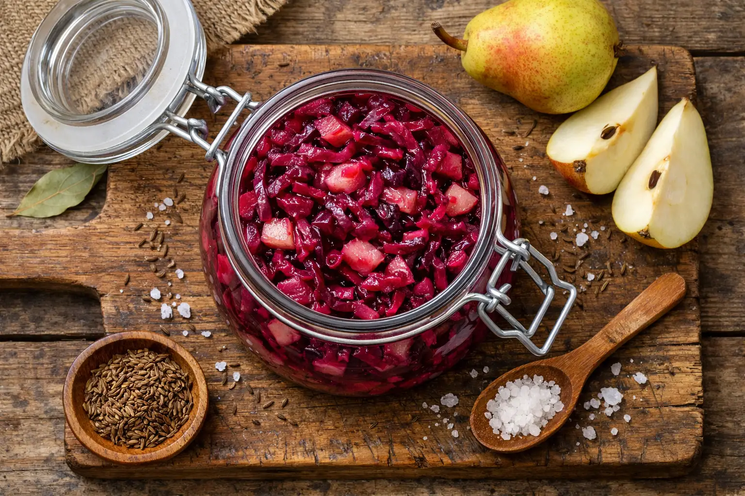 देहाती लकड़ी की टेबल पर ताज़ा Wildbrine Red Beet Sauerkraut with Pears - प्रति सर्विंग 10 कैलोरी